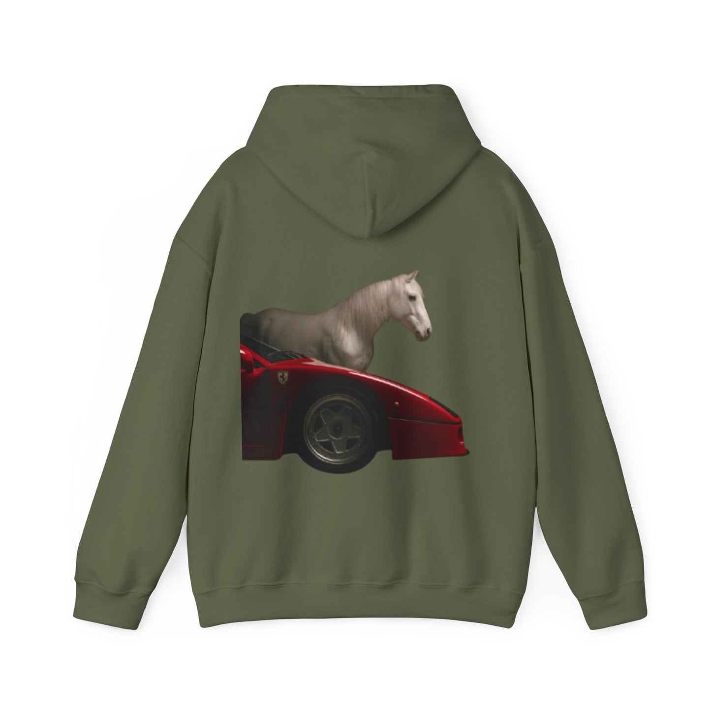Horse & Sports Car Hoodie — Minimal Horse Head Front | Horse on Red Car Back | Winter Drop