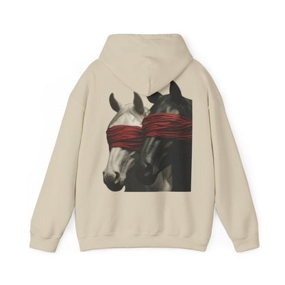 Horse Art Hoodie — Blindfolded Horses Graphic Pullover | Winter Drop