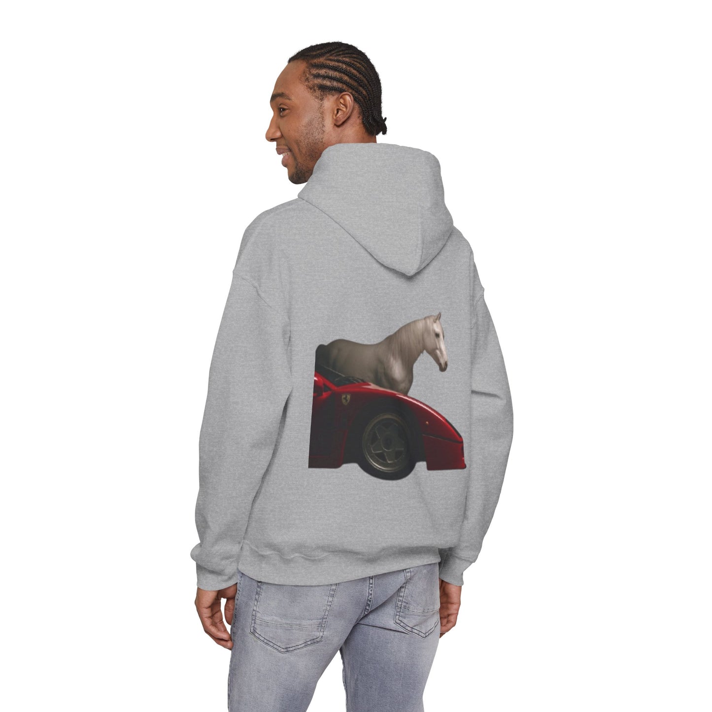 Horse & Sports Car Hoodie — Minimal Horse Head Front | Horse on Red Car Back | Winter Drop