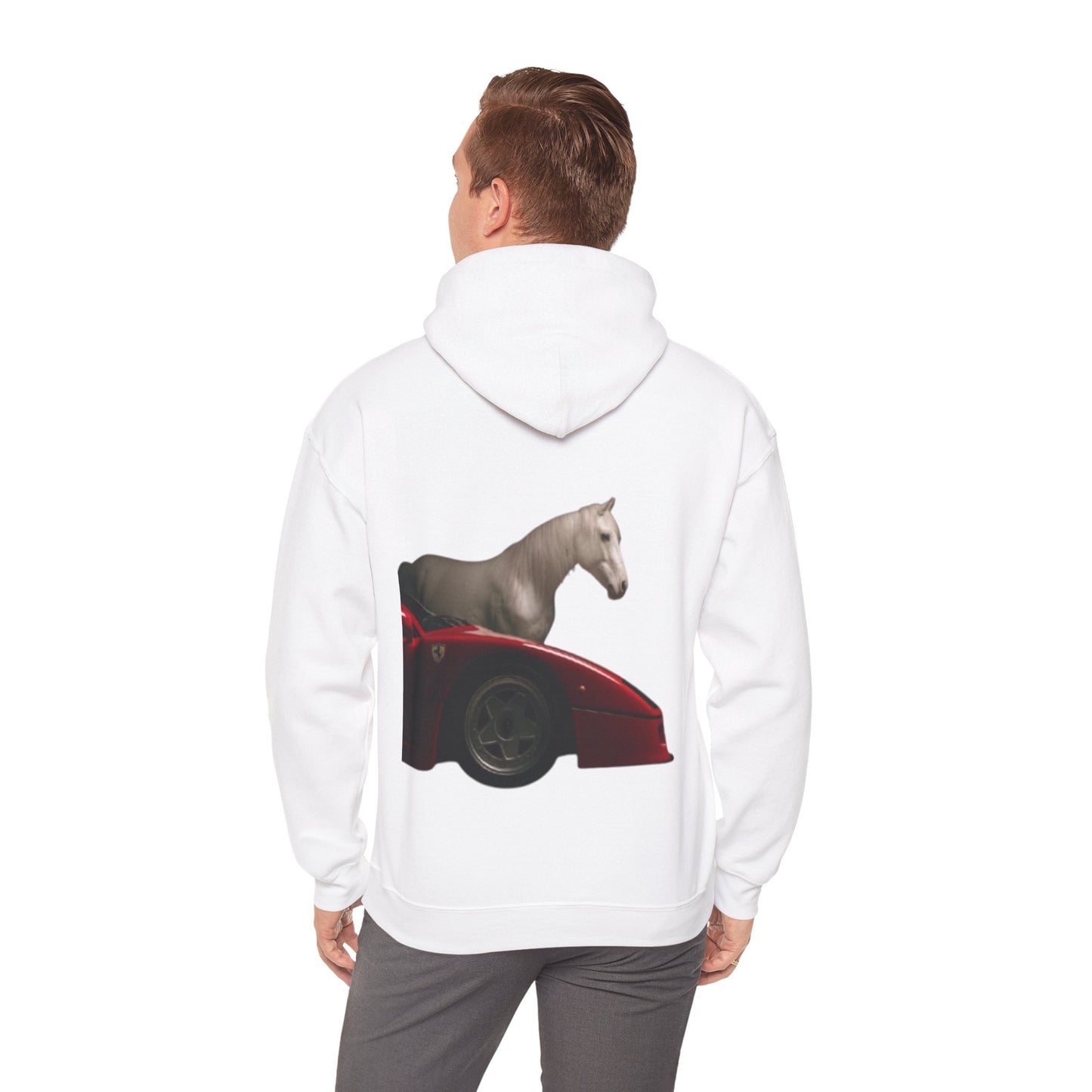 Horse & Sports Car Hoodie — Minimal Horse Head Front | Horse on Red Car Back | Winter Drop