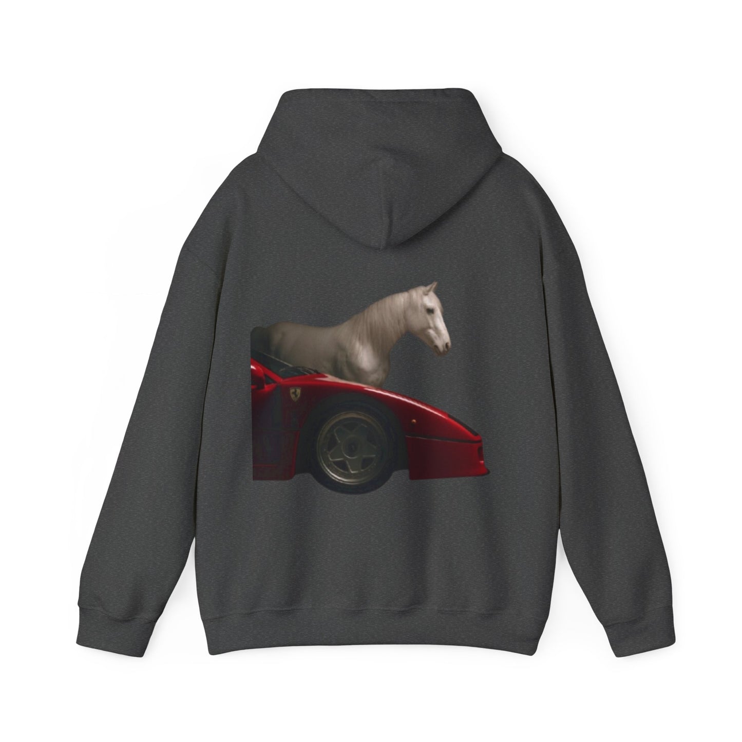 Horse & Sports Car Hoodie — Minimal Horse Head Front | Horse on Red Car Back | Winter Drop