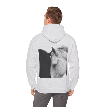 Horse Hoodie — Minimal Line Art Front & Black‑White Photo Back | Winter Drop