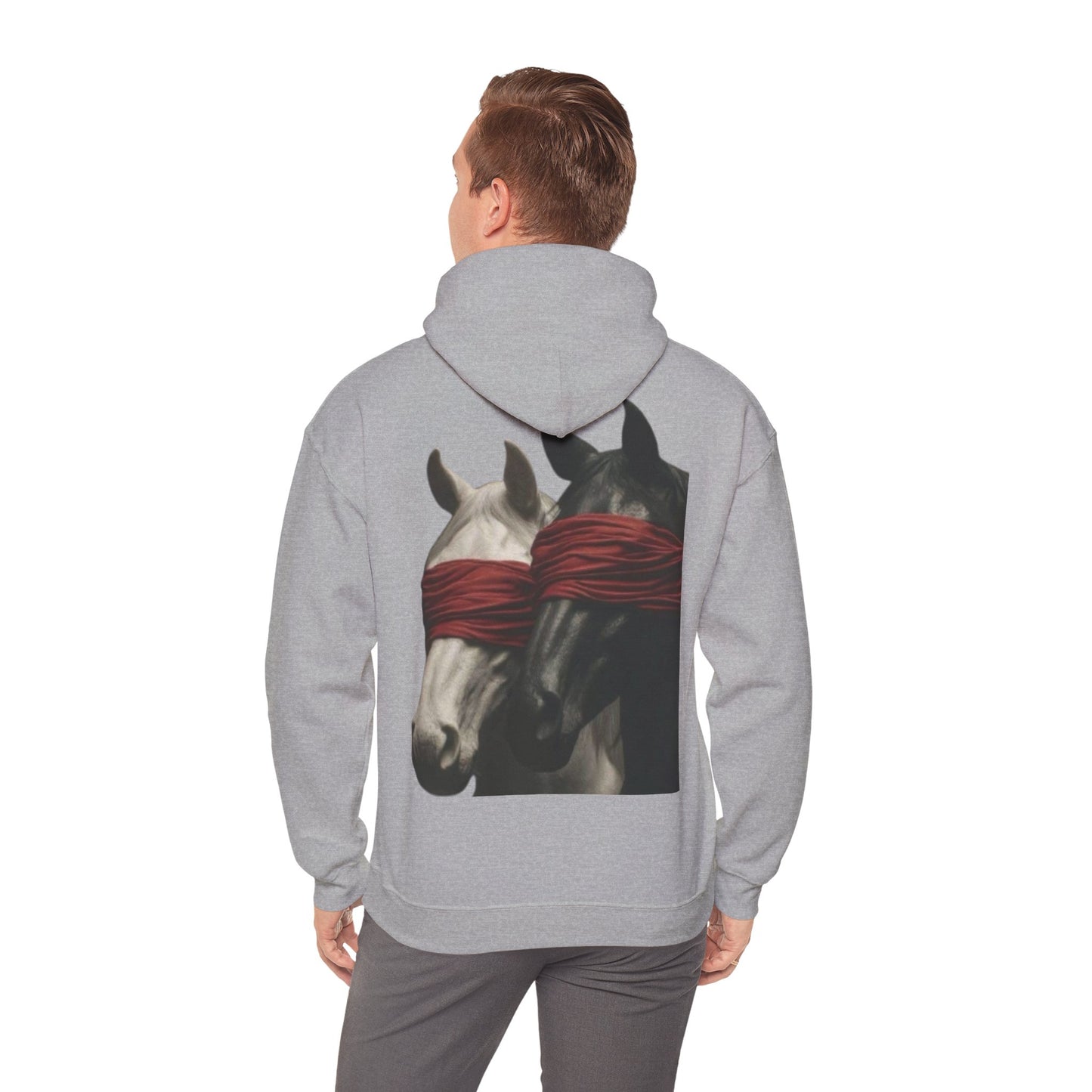 Horse Art Hoodie — Blindfolded Horses Graphic Pullover | Winter Drop