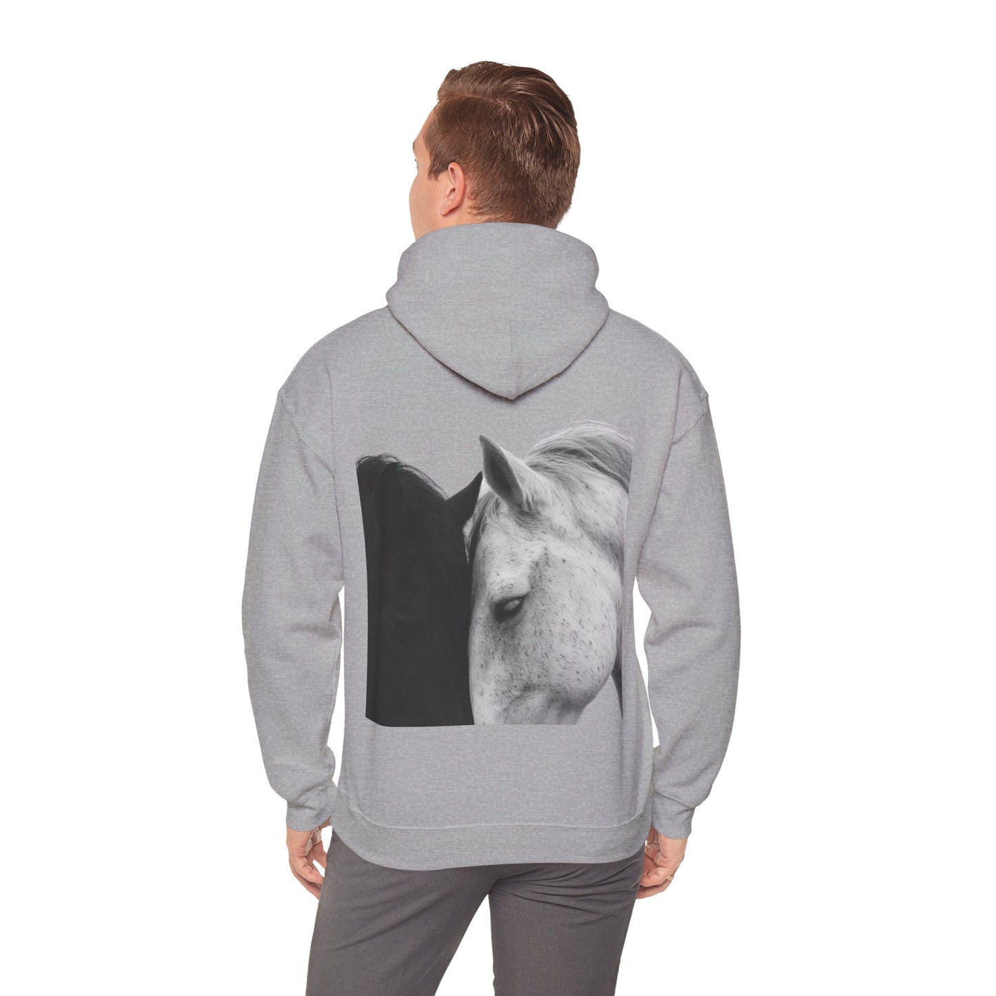 Horse Hoodie — Minimal Line Art Front & Black‑White Photo Back | Winter Drop