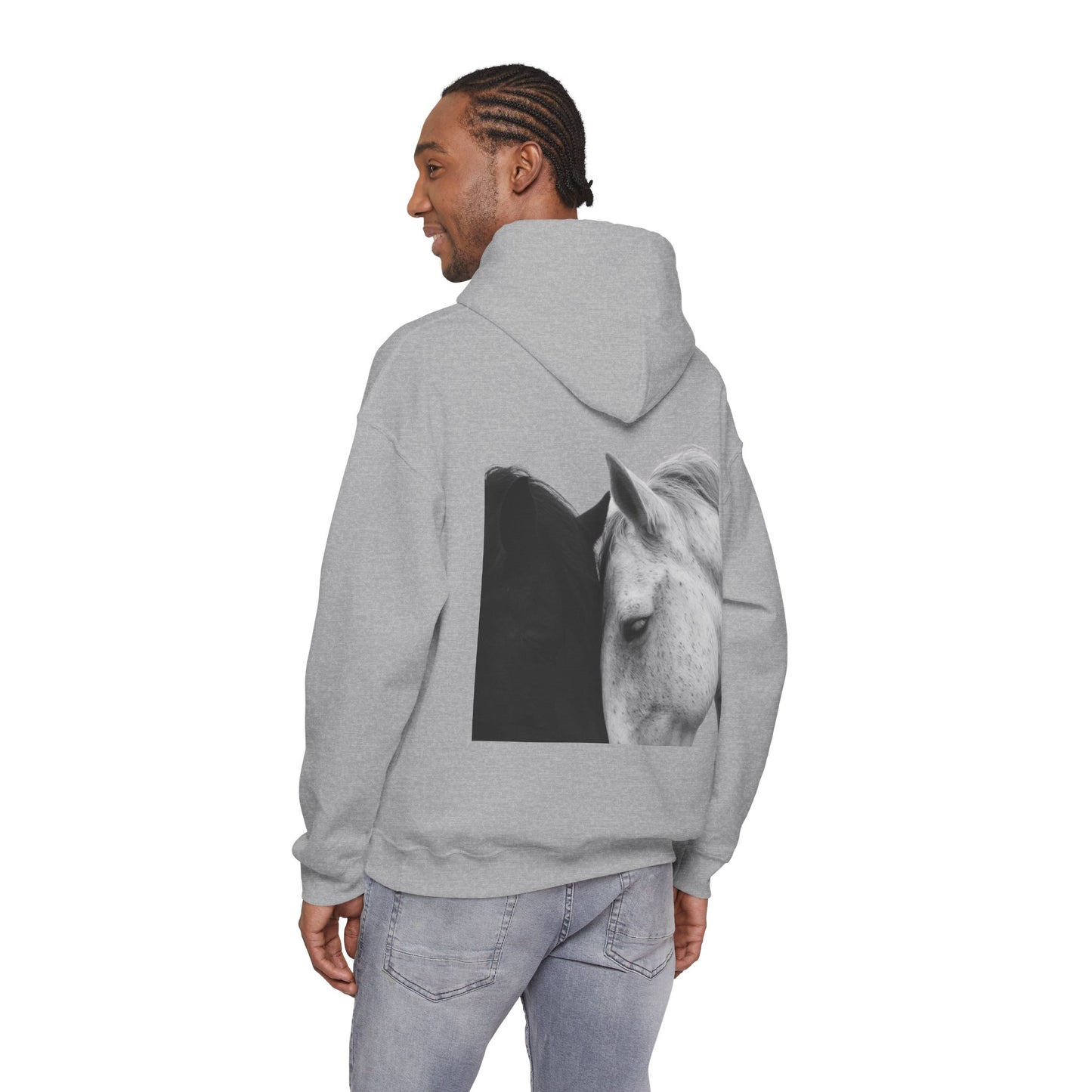 Horse Hoodie — Minimal Line Art Front & Black‑White Photo Back | Winter Drop