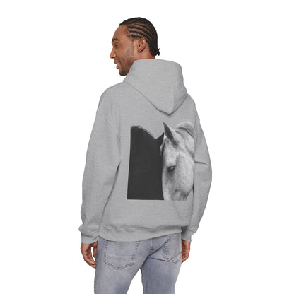 Horse Hoodie — Minimal Line Art Front & Black‑White Photo Back | Winter Drop