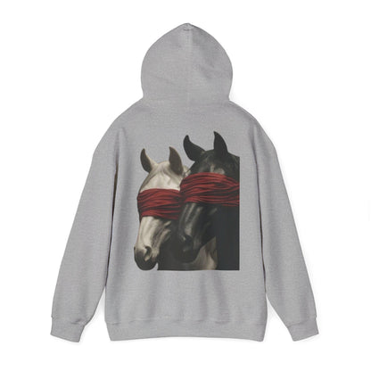 Horse Art Hoodie — Blindfolded Horses Graphic Pullover | Winter Drop