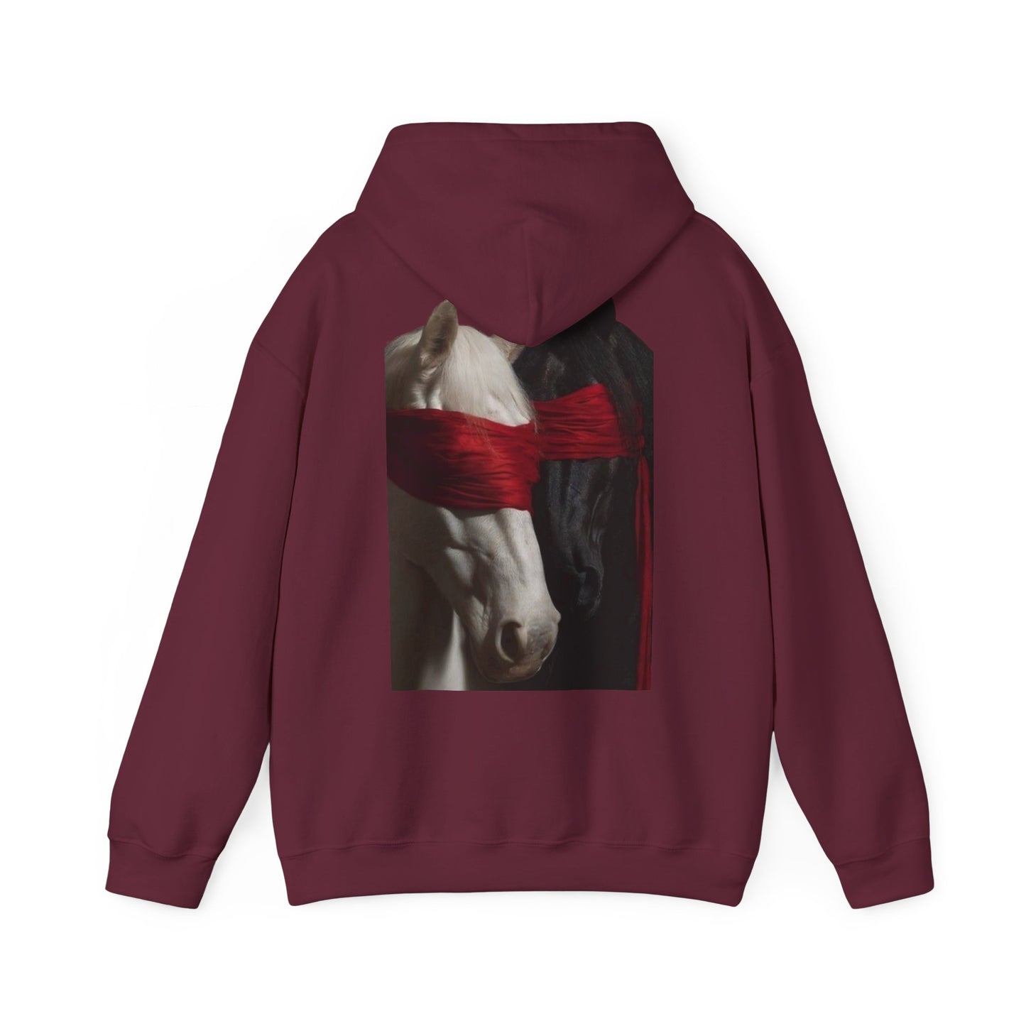 Horse Portrait Hoodie — White Horse with Red Blindfold Graphic | Winter Drop