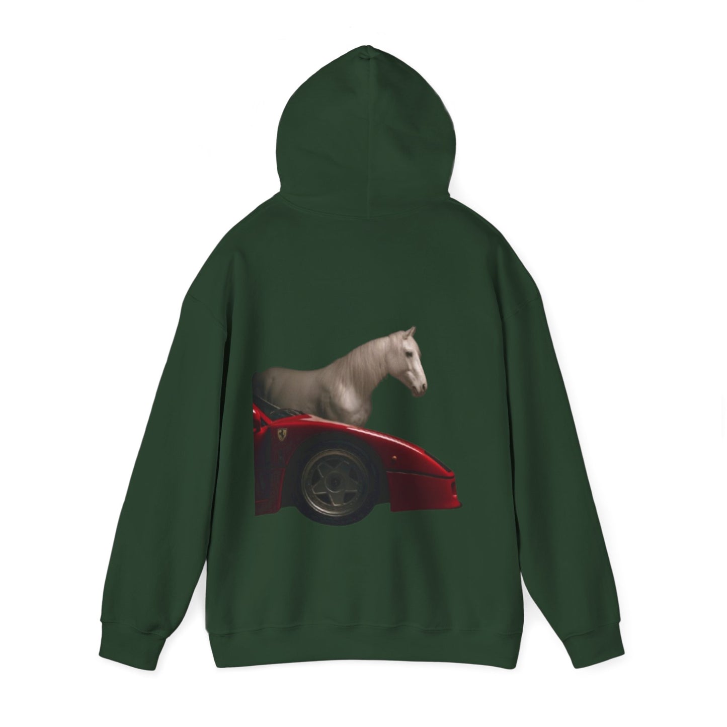 Horse & Sports Car Hoodie — Minimal Horse Head Front | Horse on Red Car Back | Winter Drop