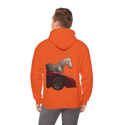 Horse & Sports Car Hoodie — Minimal Horse Head Front | Horse on Red Car Back | Winter Drop