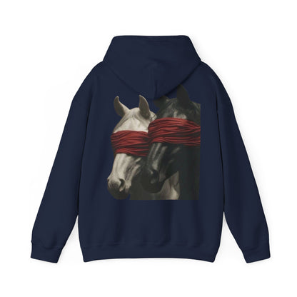 Horse Art Hoodie — Blindfolded Horses Graphic Pullover | Winter Drop